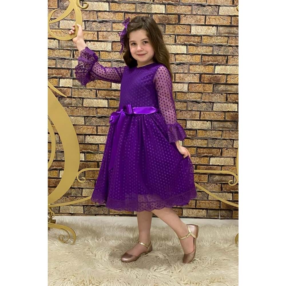 Dantel Kumaş Kız Çocuk Uzun Kol Elbise