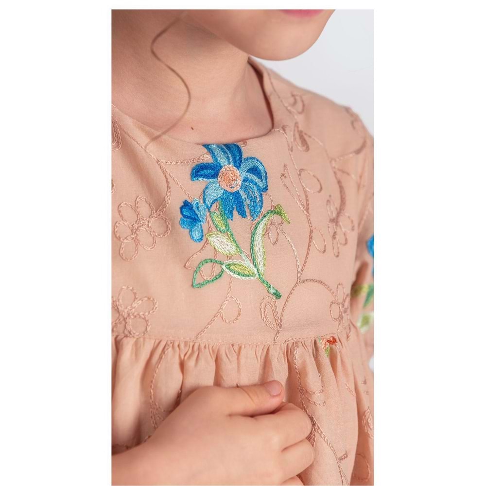 Müslin Kumaş Uzun Kol Nakışlı Tril Elbise SB706