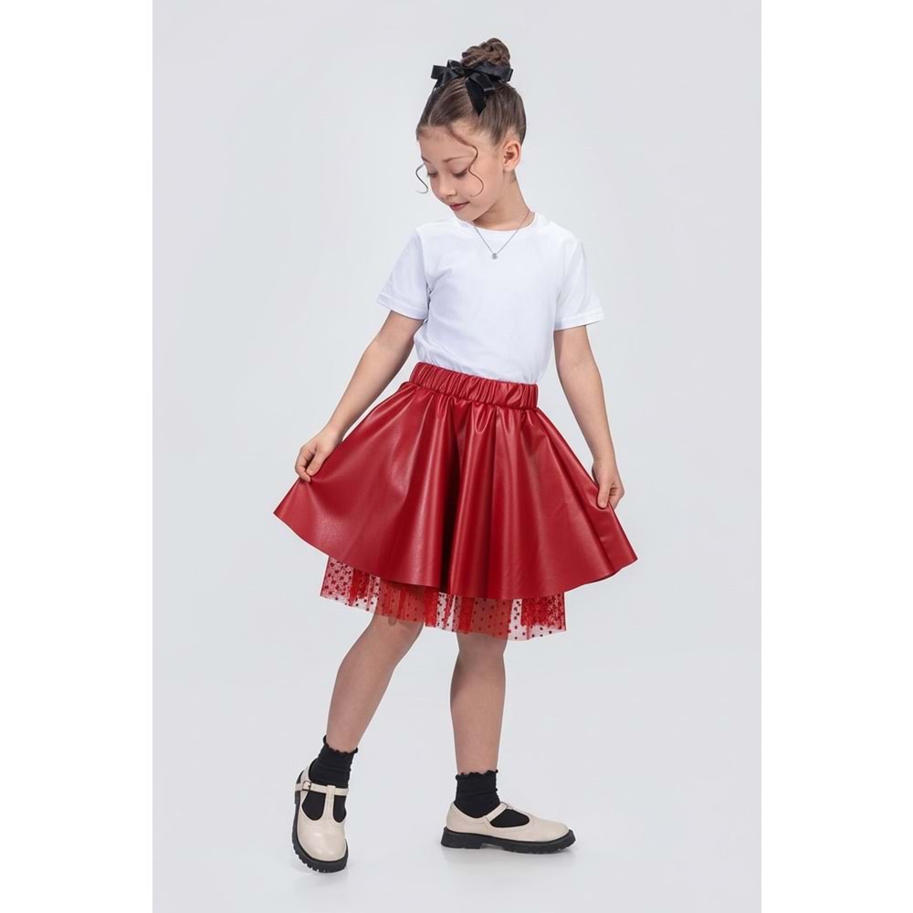 Kız Çocuk Elttan Tül Destekli Deri Etek SB725