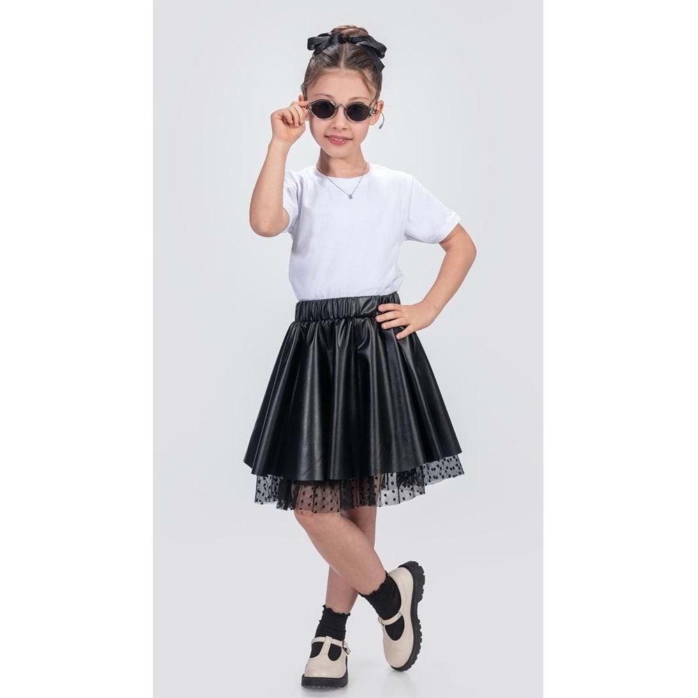 Kız Çocuk Elttan Tül Destekli Deri Etek SB725