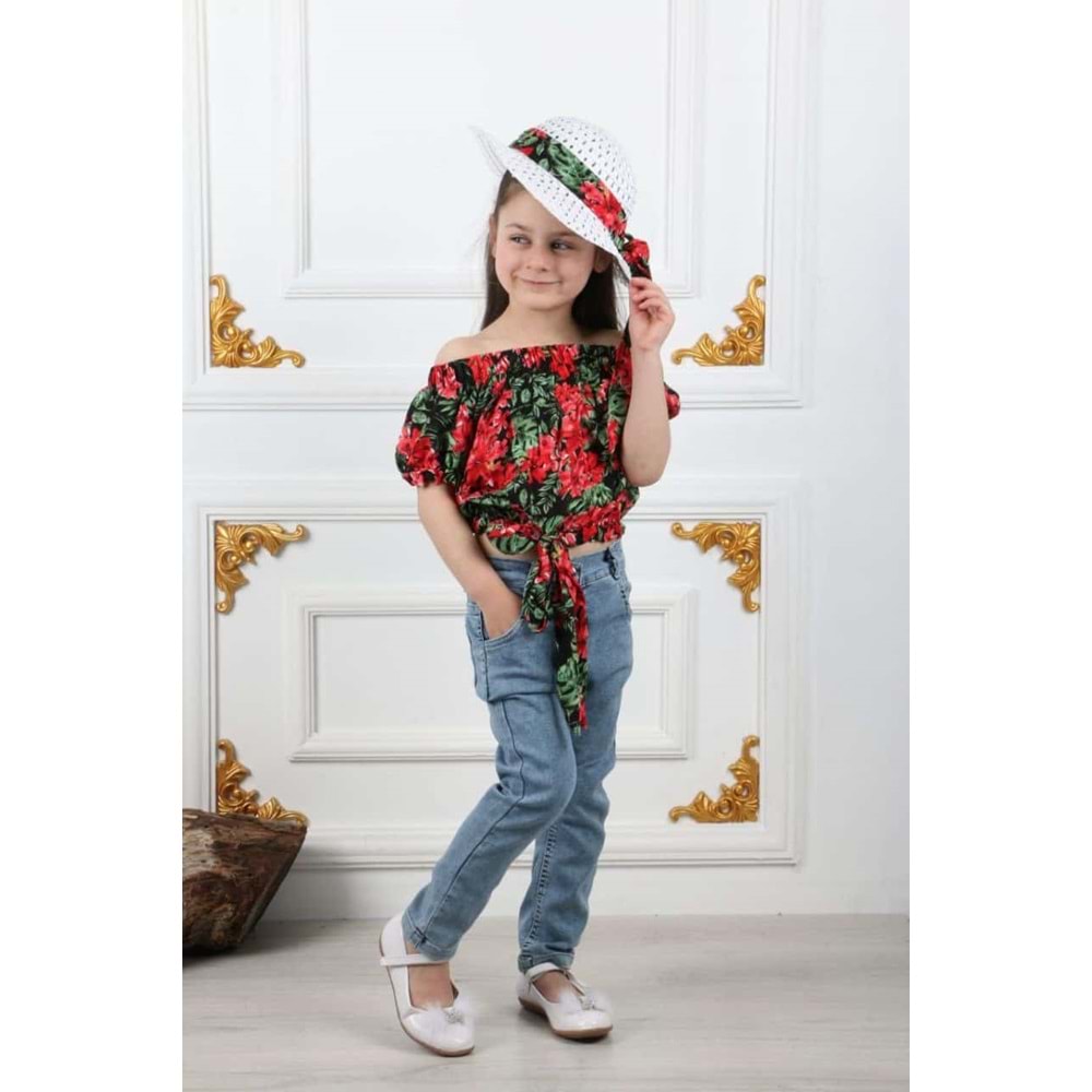 Kız Çocuk Kot Pantolon, Şapka , Bluz Takım SB731