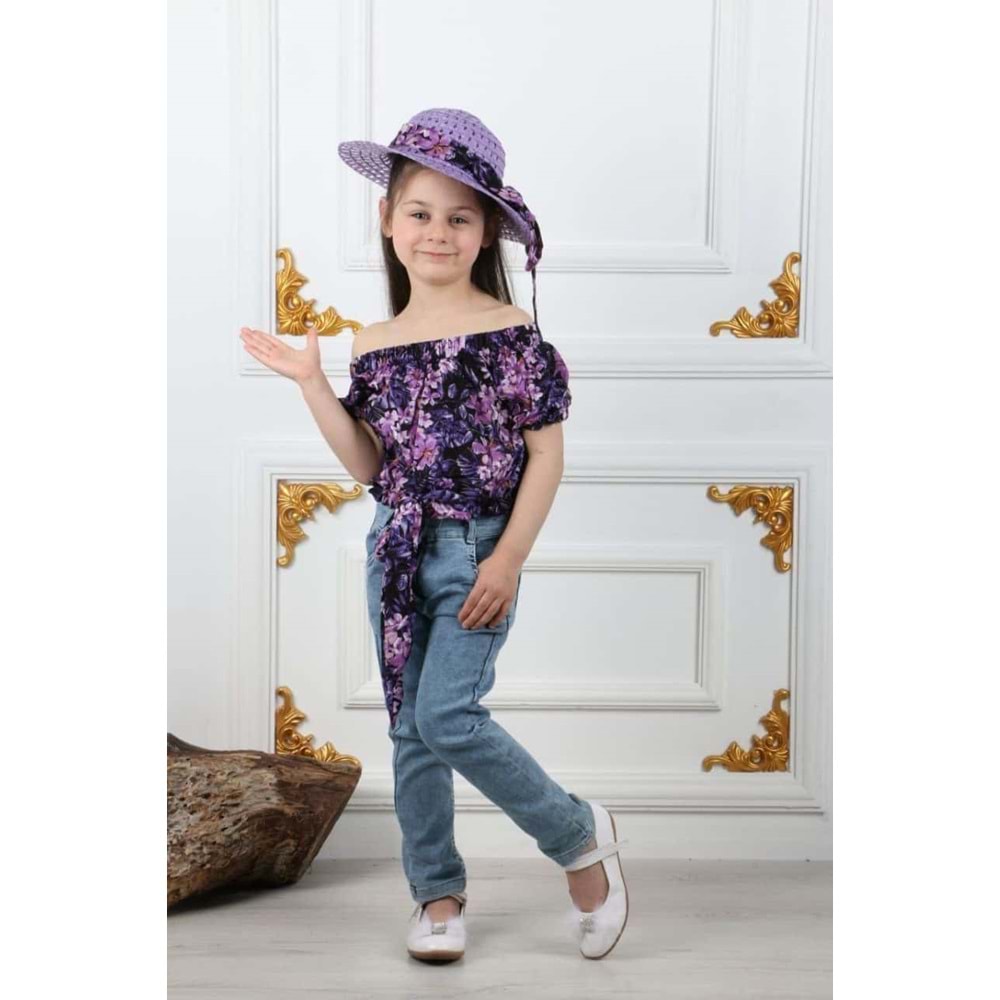 Kız Çocuk Kot Pantolon, Şapka , Bluz Takım SB731