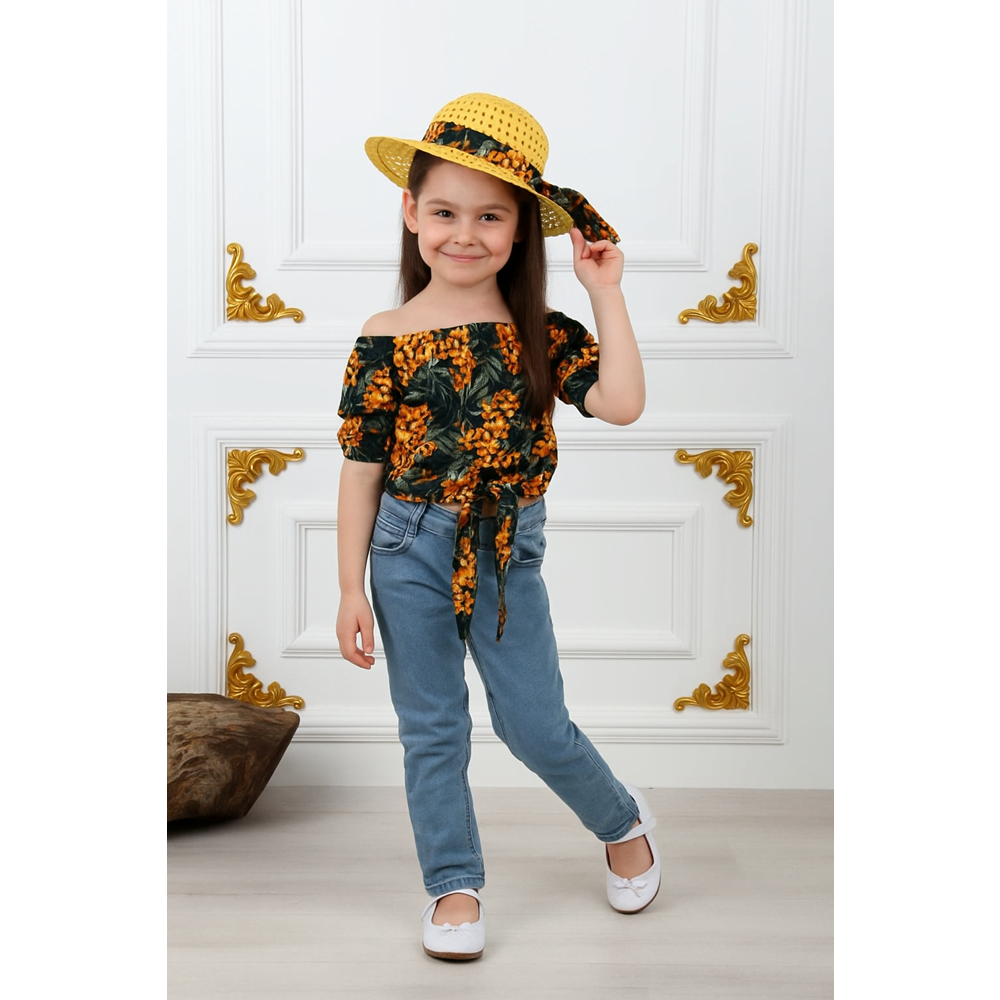 Kız Çocuk Kot Pantolon, Şapka , Bluz Takım