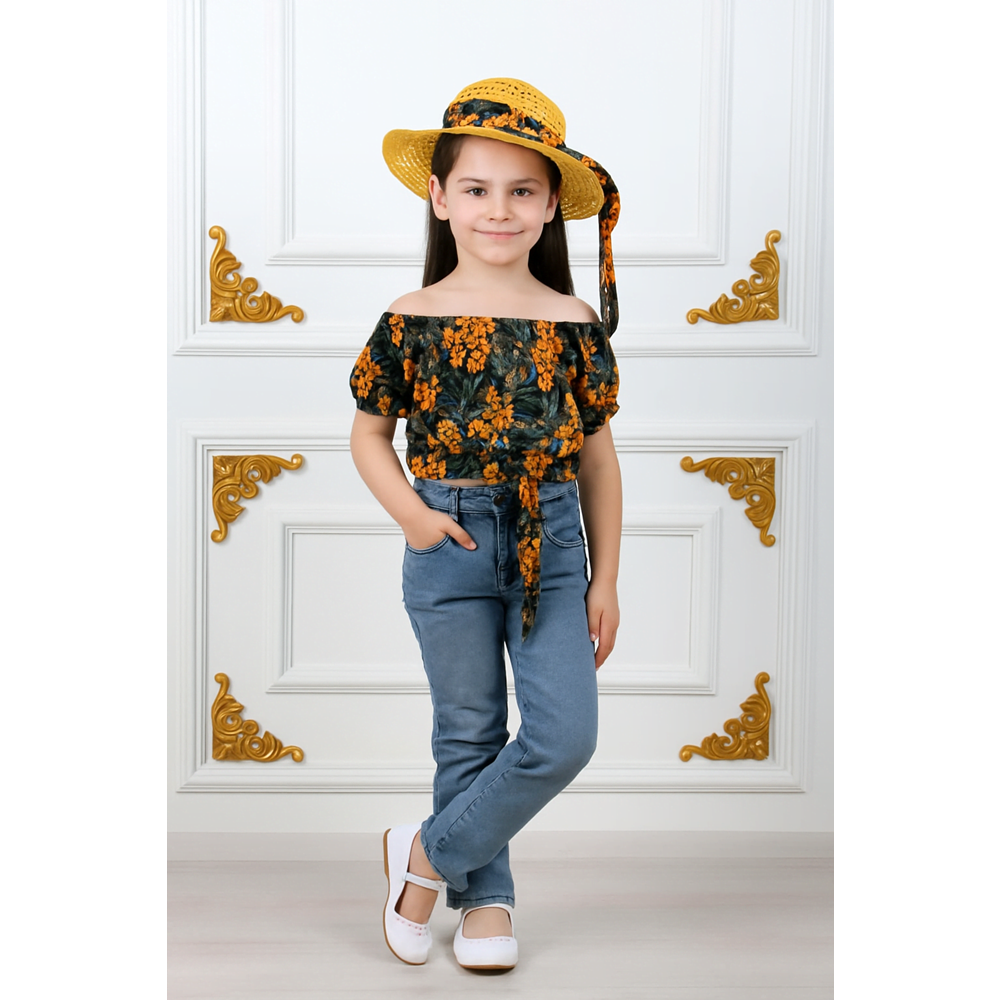 Kız Çocuk Kot Pantolon, Şapka , Bluz Takım