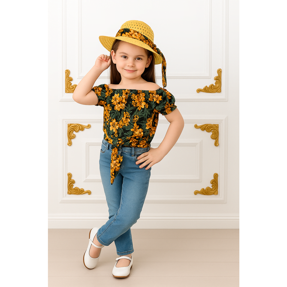 Kız Çocuk Kot Pantolon, Şapka , Bluz Takım