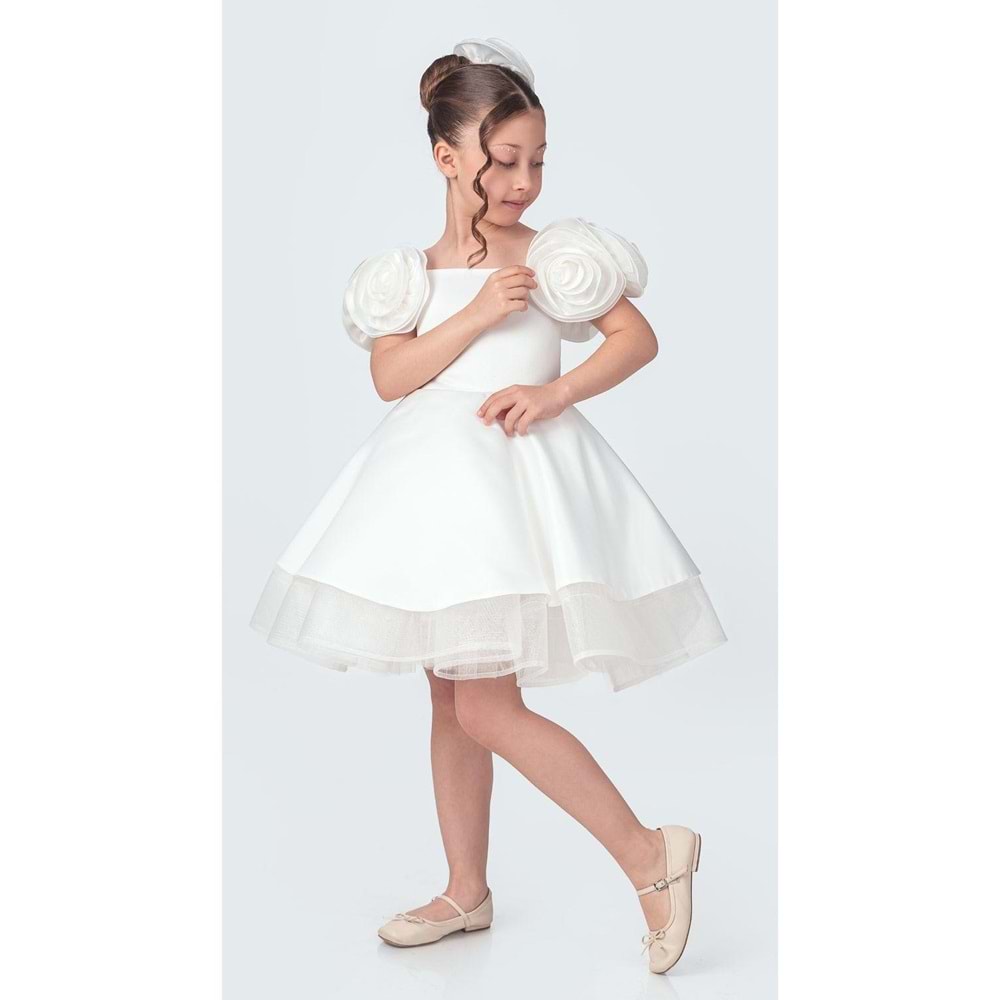 Omuz Gül Motifli Kız Çocuk Abiye Elbise SB735