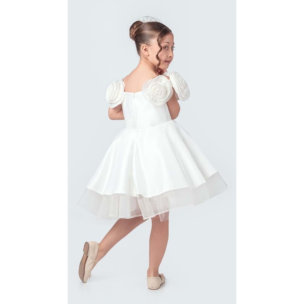 Omuz Gül Motifli Kız Çocuk Abiye Elbise SB735