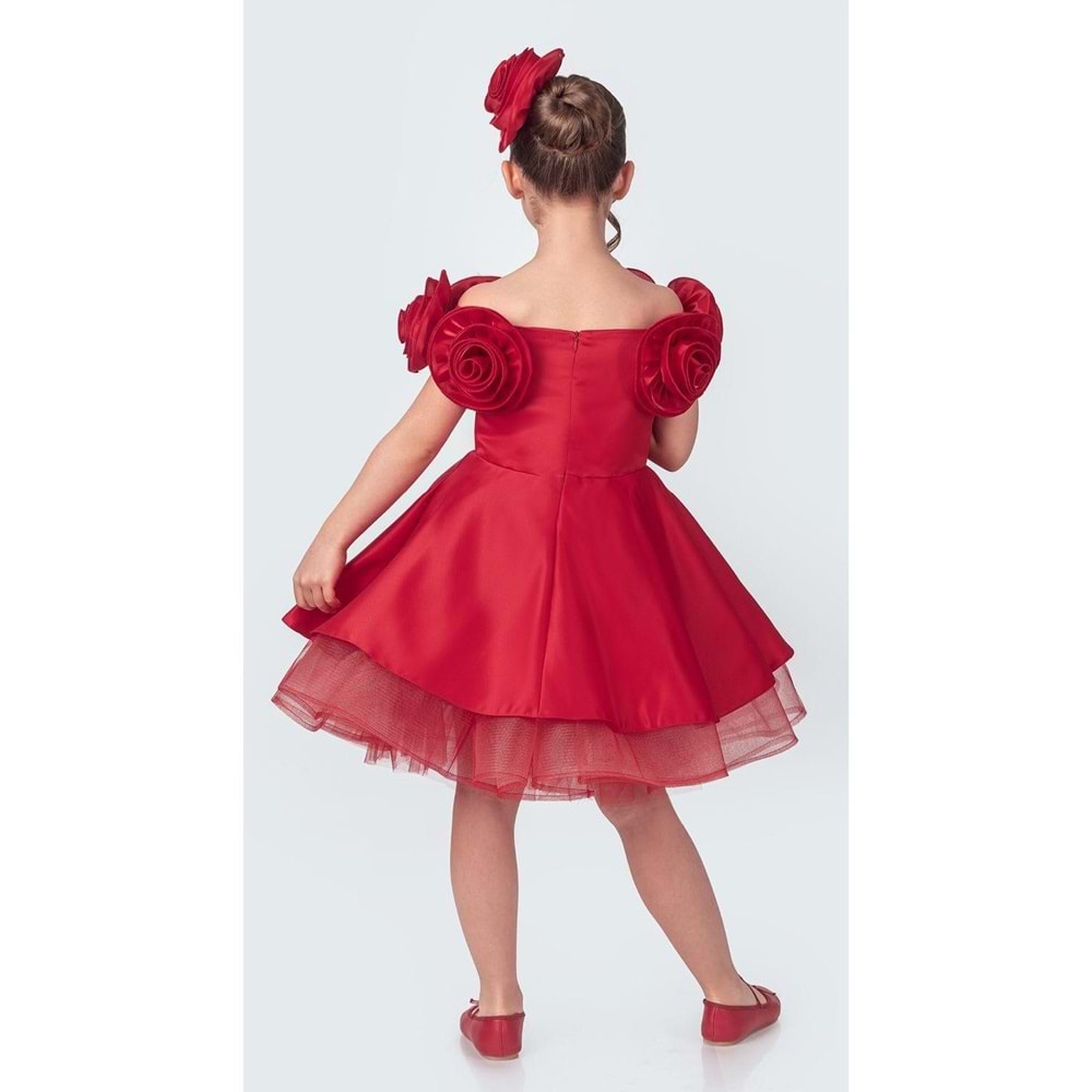 Omuz Gül Motifli Kız Çocuk Abiye Elbise SB735