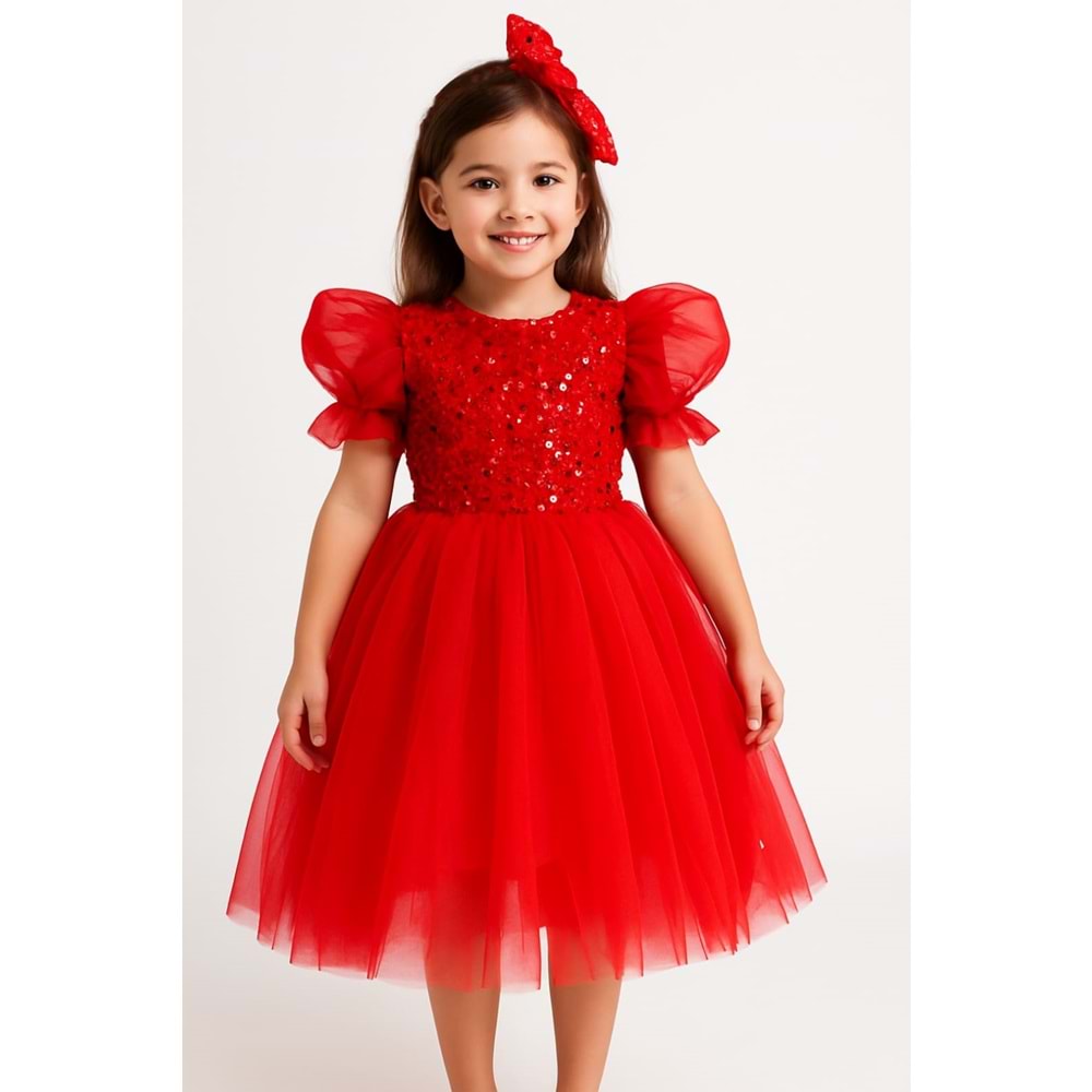 Tütü Etekli Balon Kol Kız Çocuk Elbise M00751