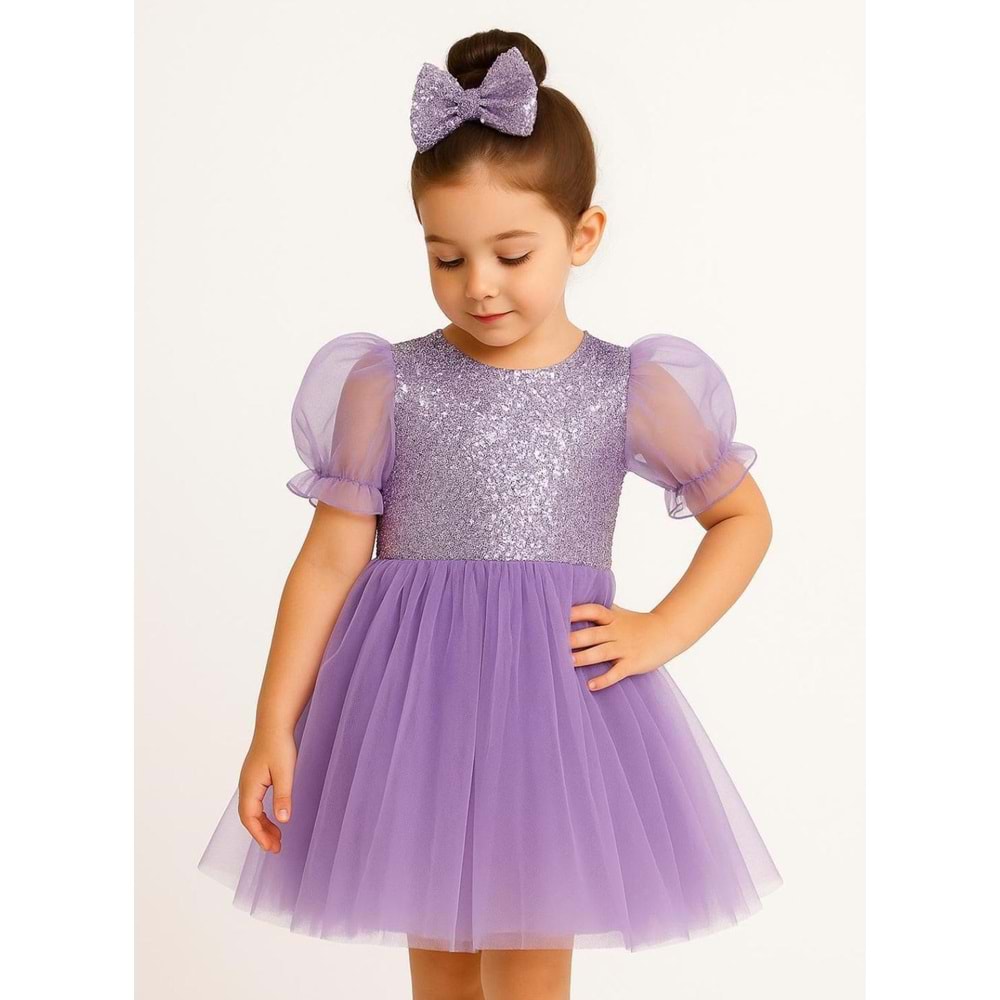 Tütü Etekli Balon Kol Kız Çocuk Elbise M00751