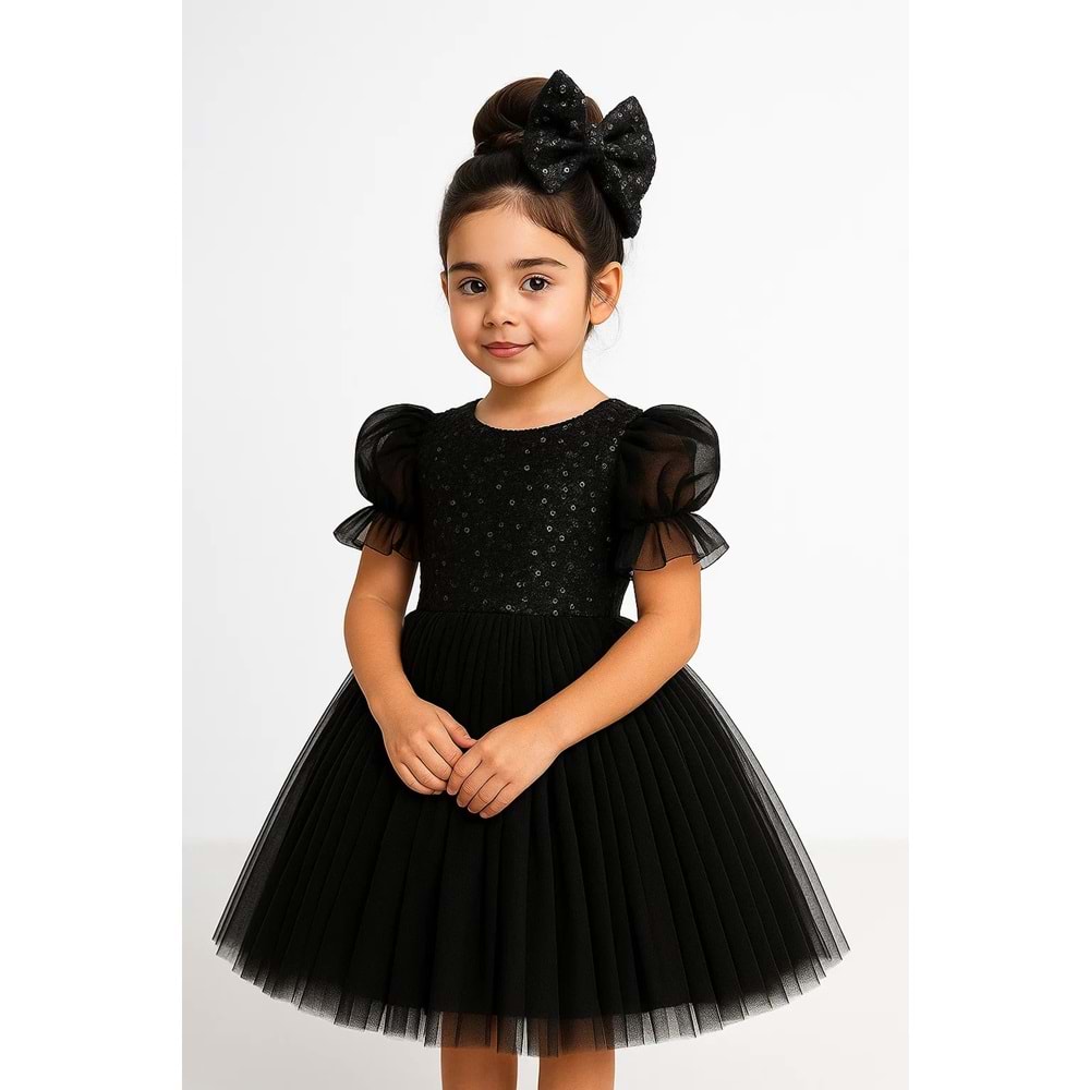 Tütü Etekli Balon Kol Kız Çocuk Elbise M00751