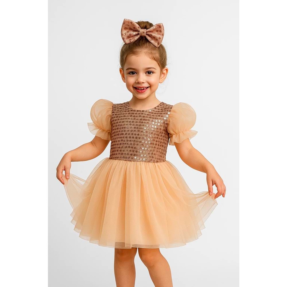 Tütü Etekli Balon Kol Kız Çocuk Elbise M00751