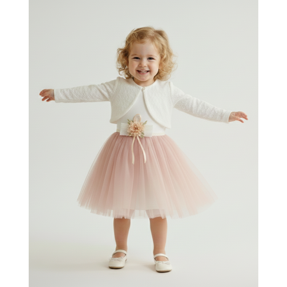 Kız Bebek Bolerolu Çiçek Motif Tütülü Elbise