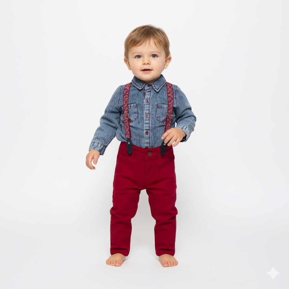 Gabardin Pantolonlu Denim Gömlekli Bebek Takım