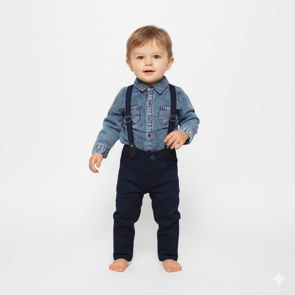 Gabardin Pantolonlu Denim Gömlekli Bebek Takım