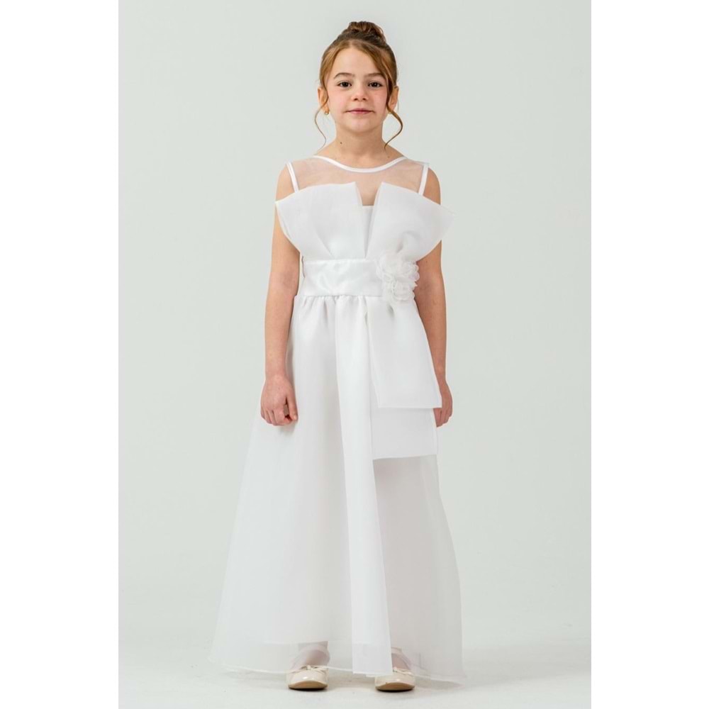 Kız Çocuk Esnek Gipe Sırtlı Çiçekli ve Kurdeleli Şık Organze Abiye M00800