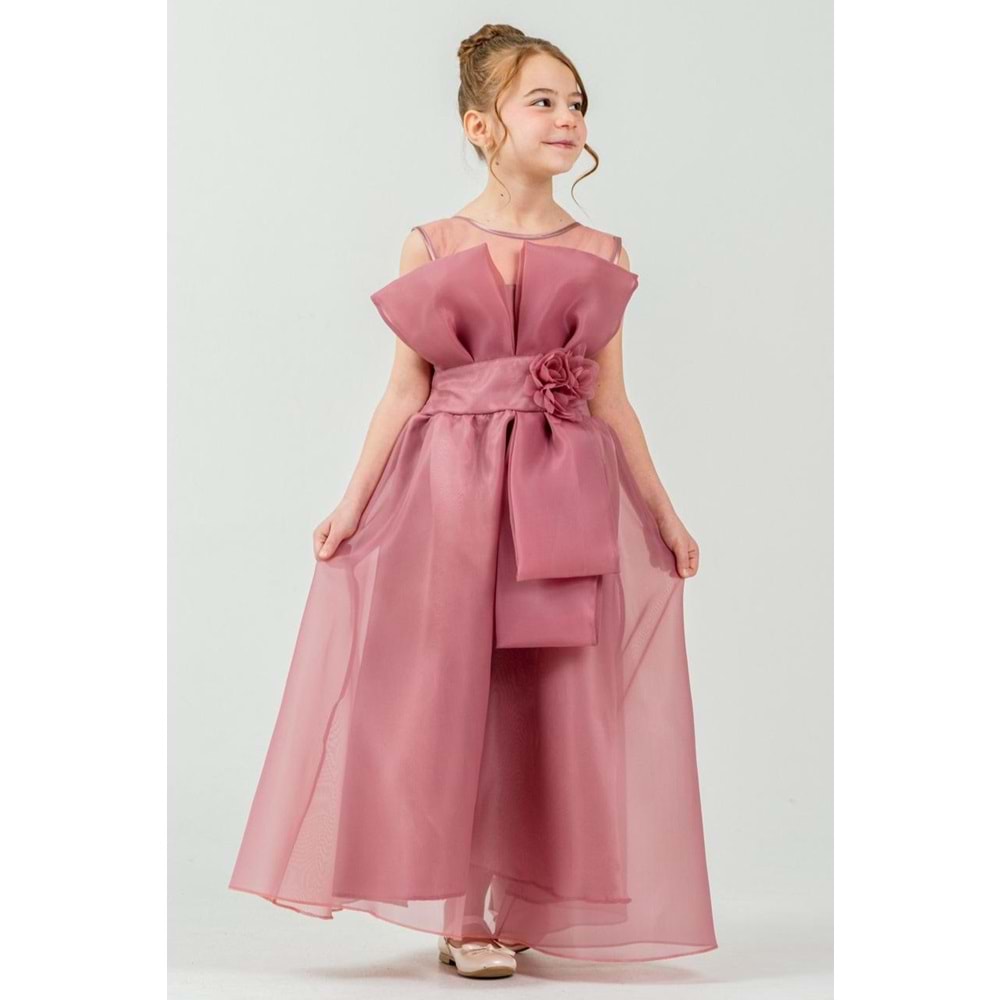 Kız Çocuk Esnek Gipe Sırtlı Çiçekli ve Kurdeleli Şık Organze Abiye M00800