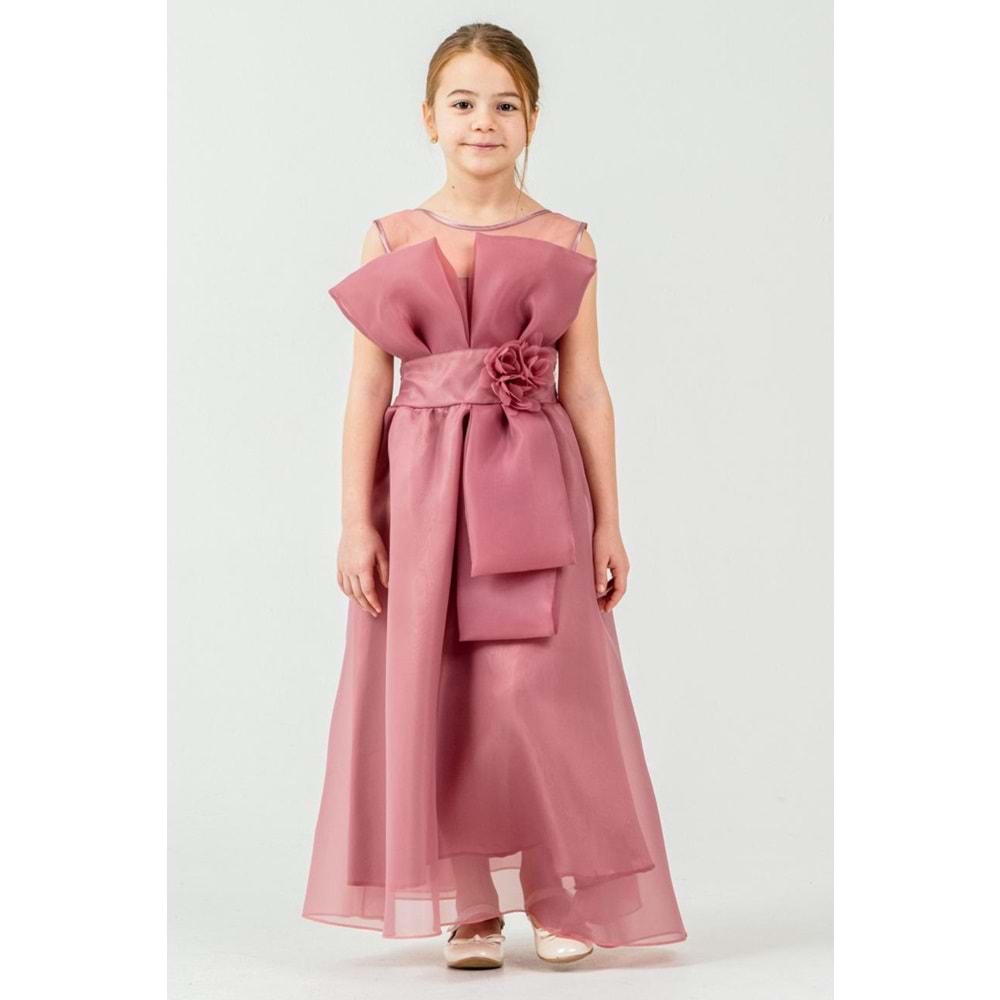 Kız Çocuk Esnek Gipe Sırtlı Çiçekli ve Kurdeleli Şık Organze Abiye M00800