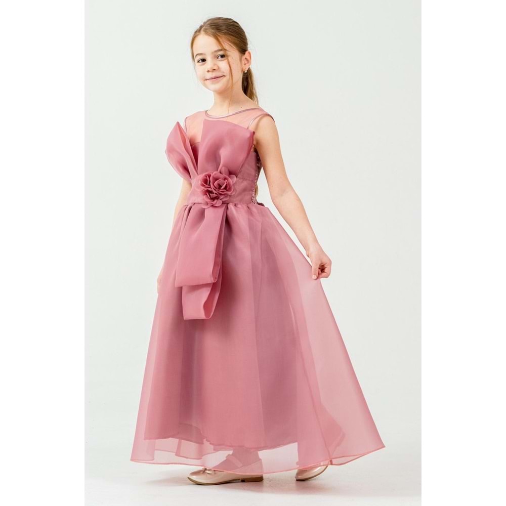 Kız Çocuk Esnek Gipe Sırtlı Çiçekli ve Kurdeleli Şık Organze Abiye M00800