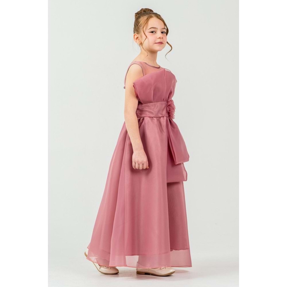 Kız Çocuk Esnek Gipe Sırtlı Çiçekli ve Kurdeleli Şık Organze Abiye M00800