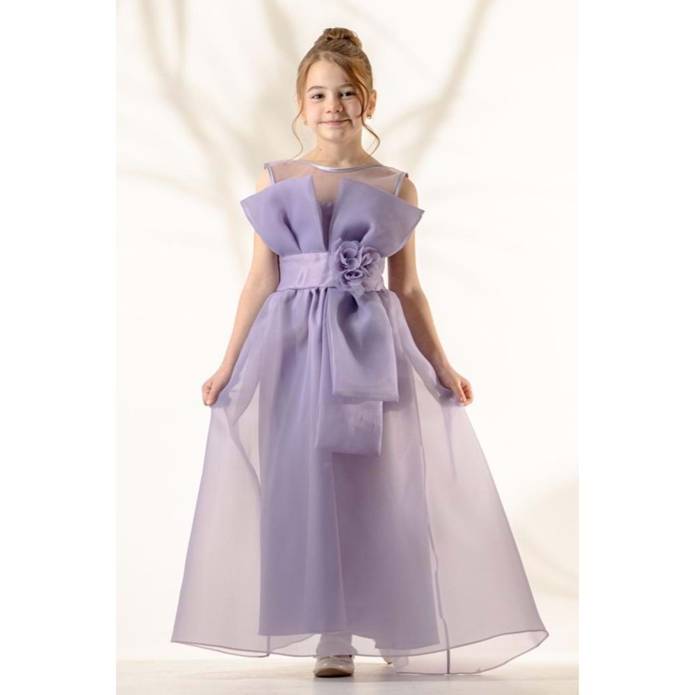 Kız Çocuk Esnek Gipe Sırtlı Çiçekli ve Kurdeleli Şık Organze Abiye M00800