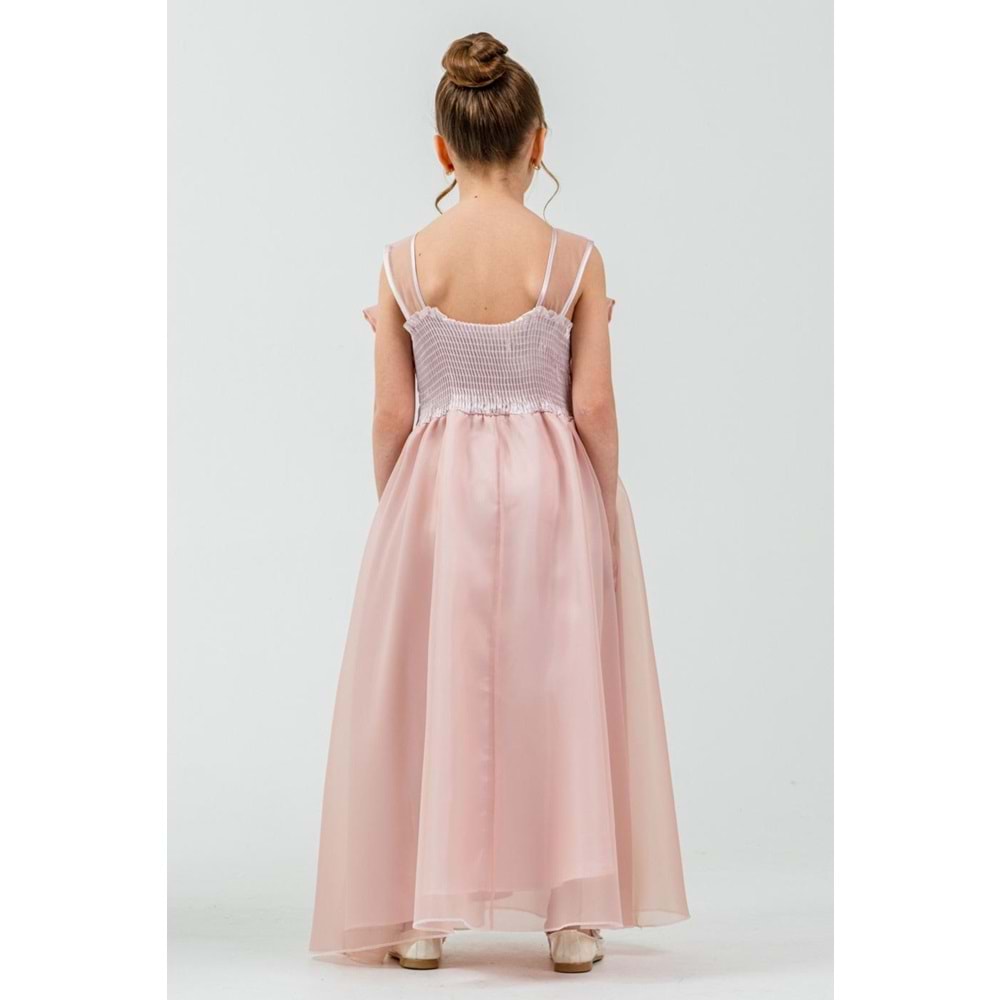 Kız Çocuk Esnek Gipe Sırtlı Çiçekli ve Kurdeleli Şık Organze Abiye M00800