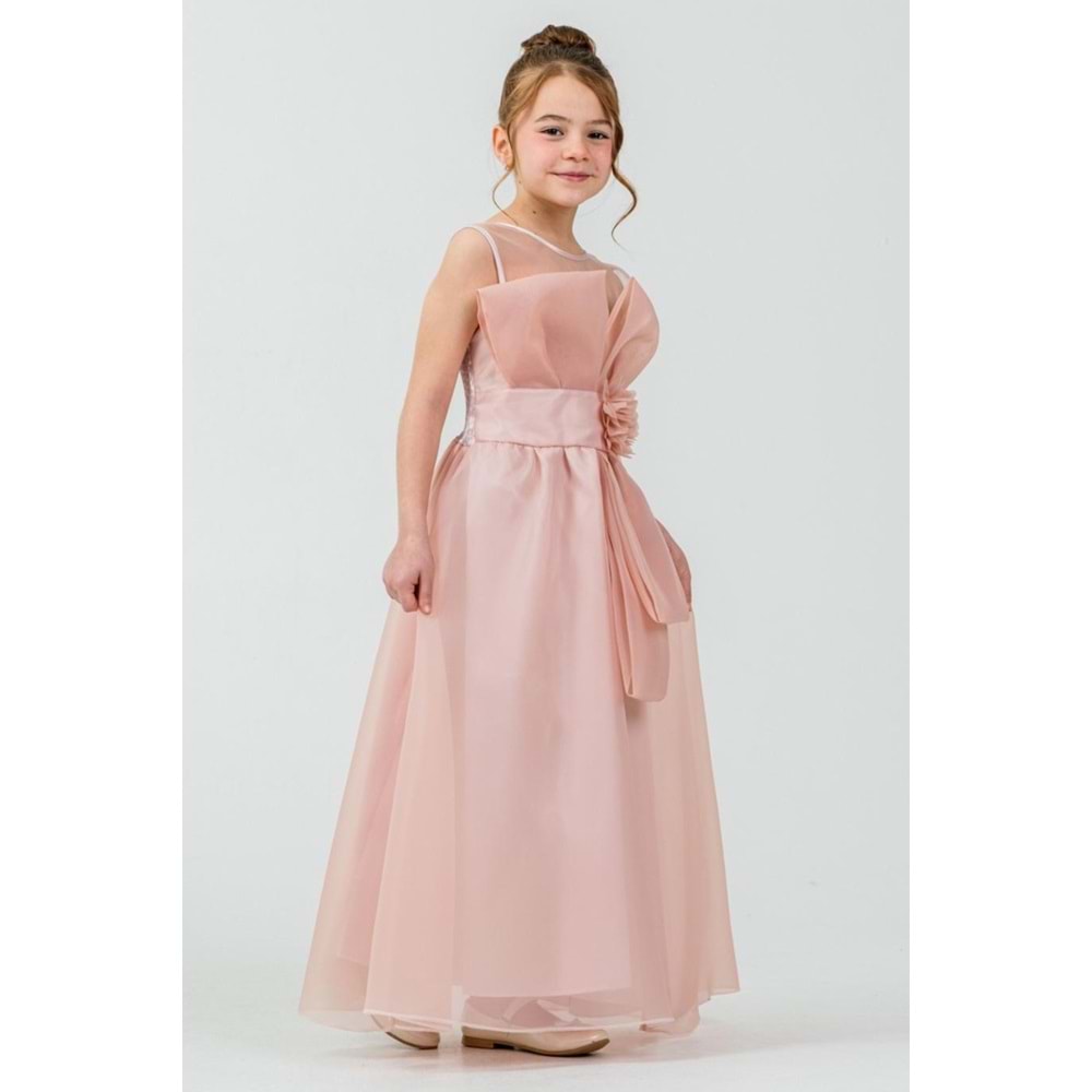 Kız Çocuk Esnek Gipe Sırtlı Çiçekli ve Kurdeleli Şık Organze Abiye M00800