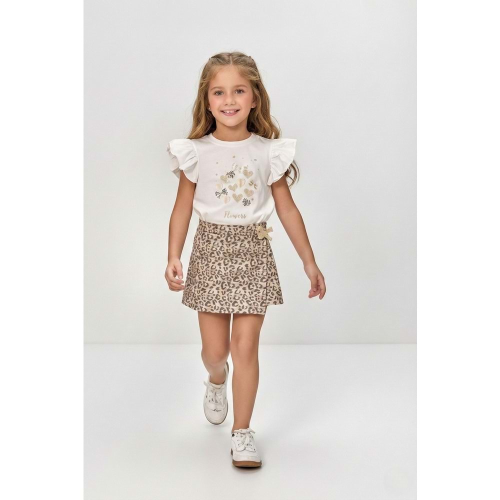 Kız Çocuk Lepoar Desen Etekli Fırfırlı T-Shirt Takım M00801
