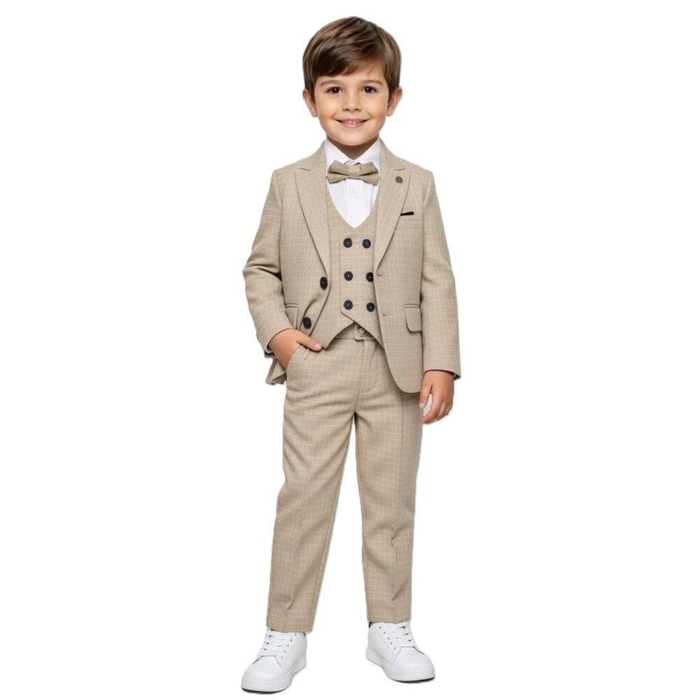 Ekose Desen Yelekli Papyonlu Ceketli Erkek Çocuk Takım Elbise