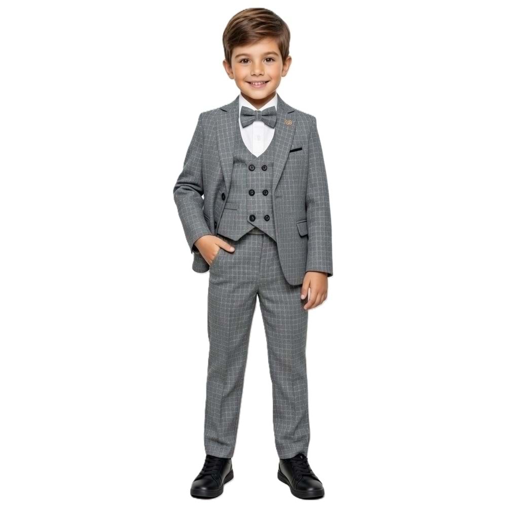 Ekose Desen Yelekli Papyonlu Ceketli Erkek Çocuk Takım Elbise