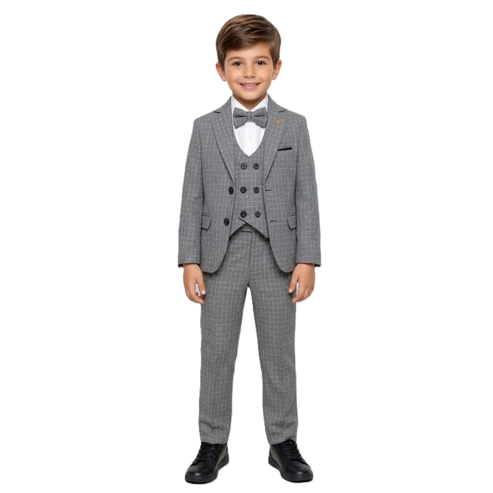 Ekose Desen Yelekli Papyonlu Ceketli Erkek Çocuk Takım Elbise