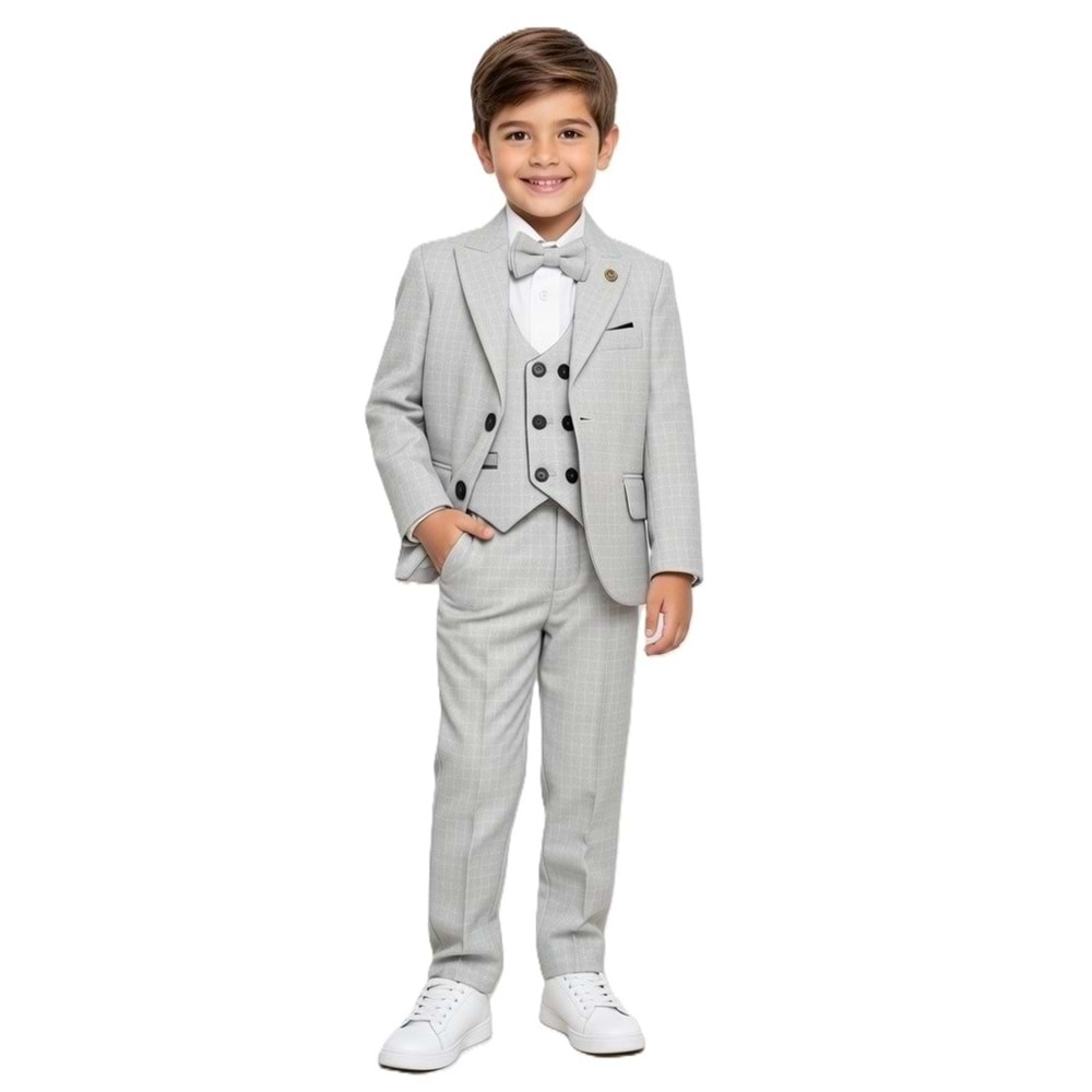 Ekose Desen Yelekli Papyonlu Ceketli Erkek Çocuk Takım Elbise