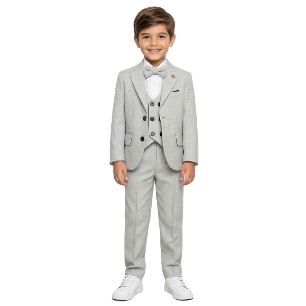 Ekose Desen Yelekli Papyonlu Ceketli Erkek Çocuk Takım Elbise