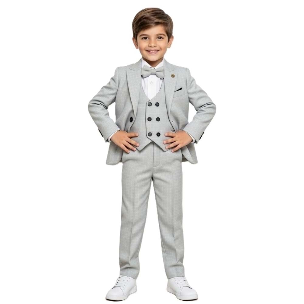 Ekose Desen Yelekli Papyonlu Ceketli Erkek Çocuk Takım Elbise