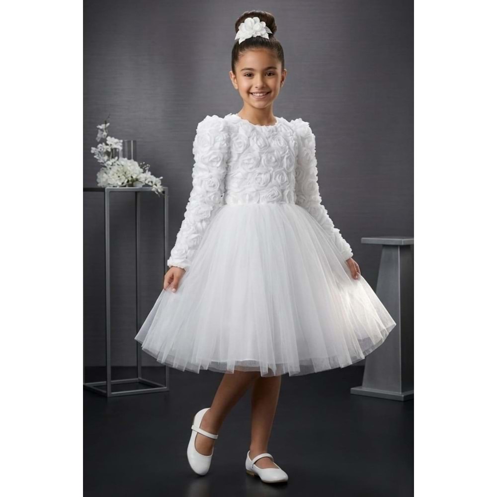 Tütülü Uzun Kol Güllü Tokalı Kız Parti Elbisesi