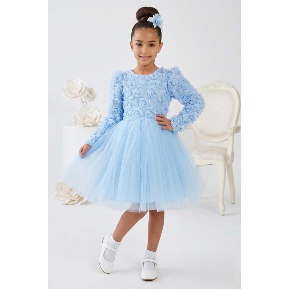 Tütülü Uzun Kol Güllü Tokalı Kız Parti Elbisesi