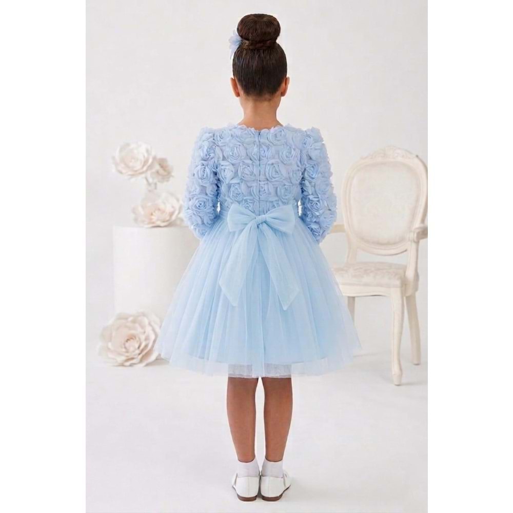 Tütülü Uzun Kol Güllü Tokalı Kız Parti Elbisesi