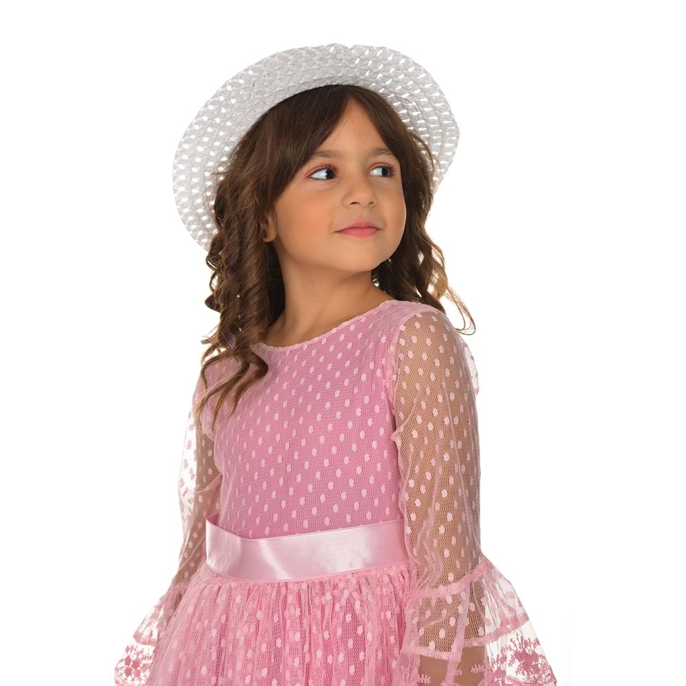Şapkalı Kurdelalı Dantel Kız Prenses Elbise SB228
