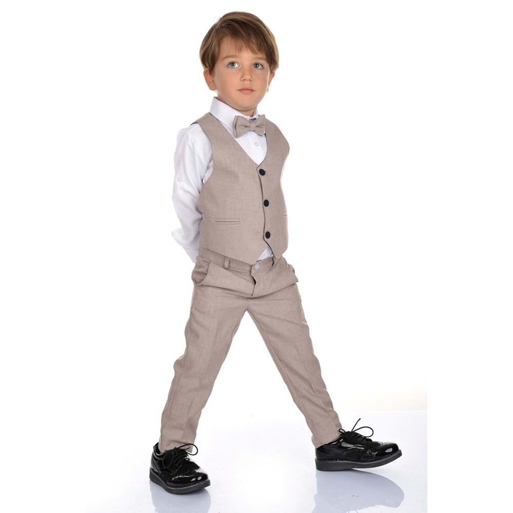 Erkek Çocuk 3 Düğmeli Yelek, Gömlek, Papyon, Broş ve Pantolon Özel Gün Takım