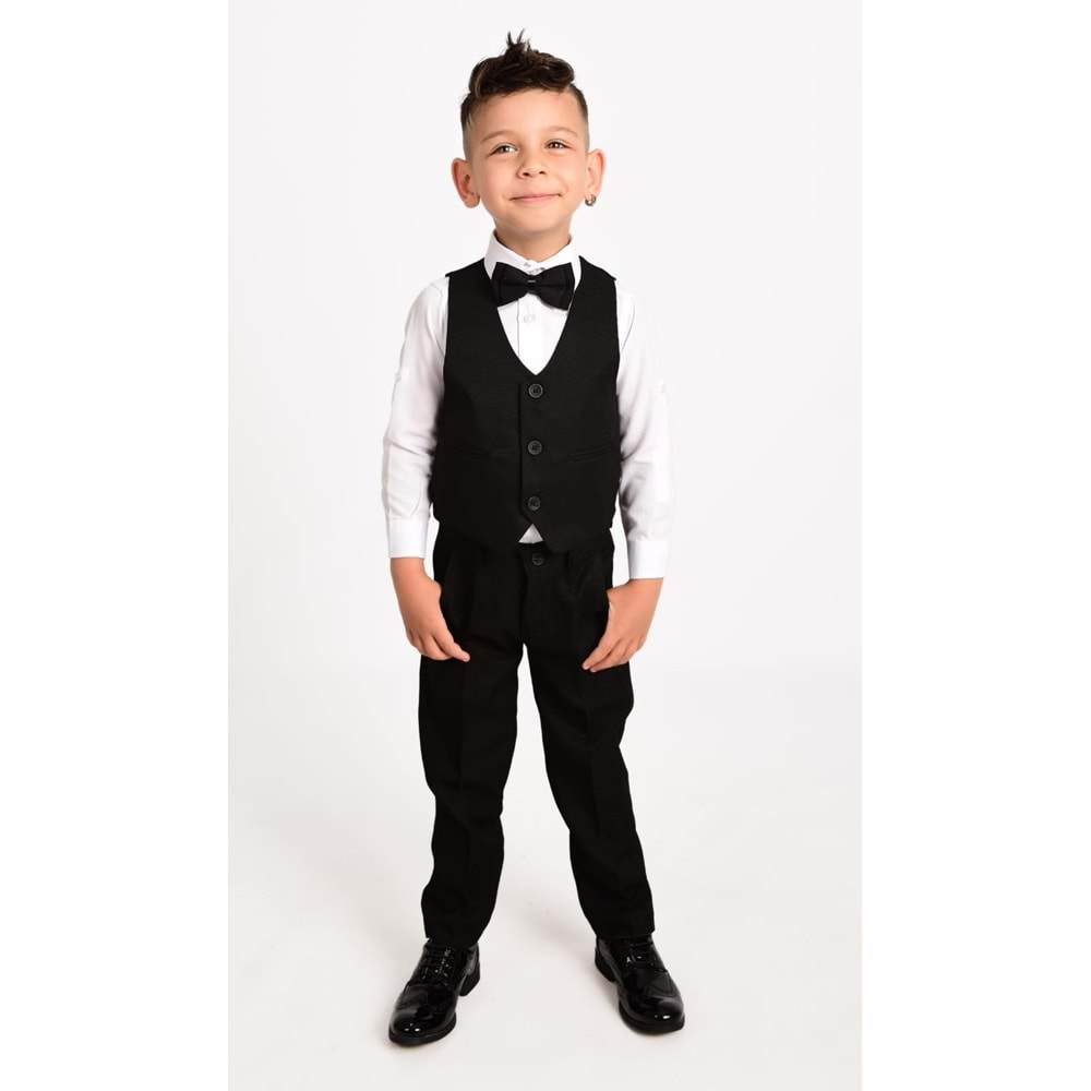 Erkek Çocuk 3 Düğmeli Yelek, Gömlek, Papyon, Broş ve Pantolon Özel Gün Takım