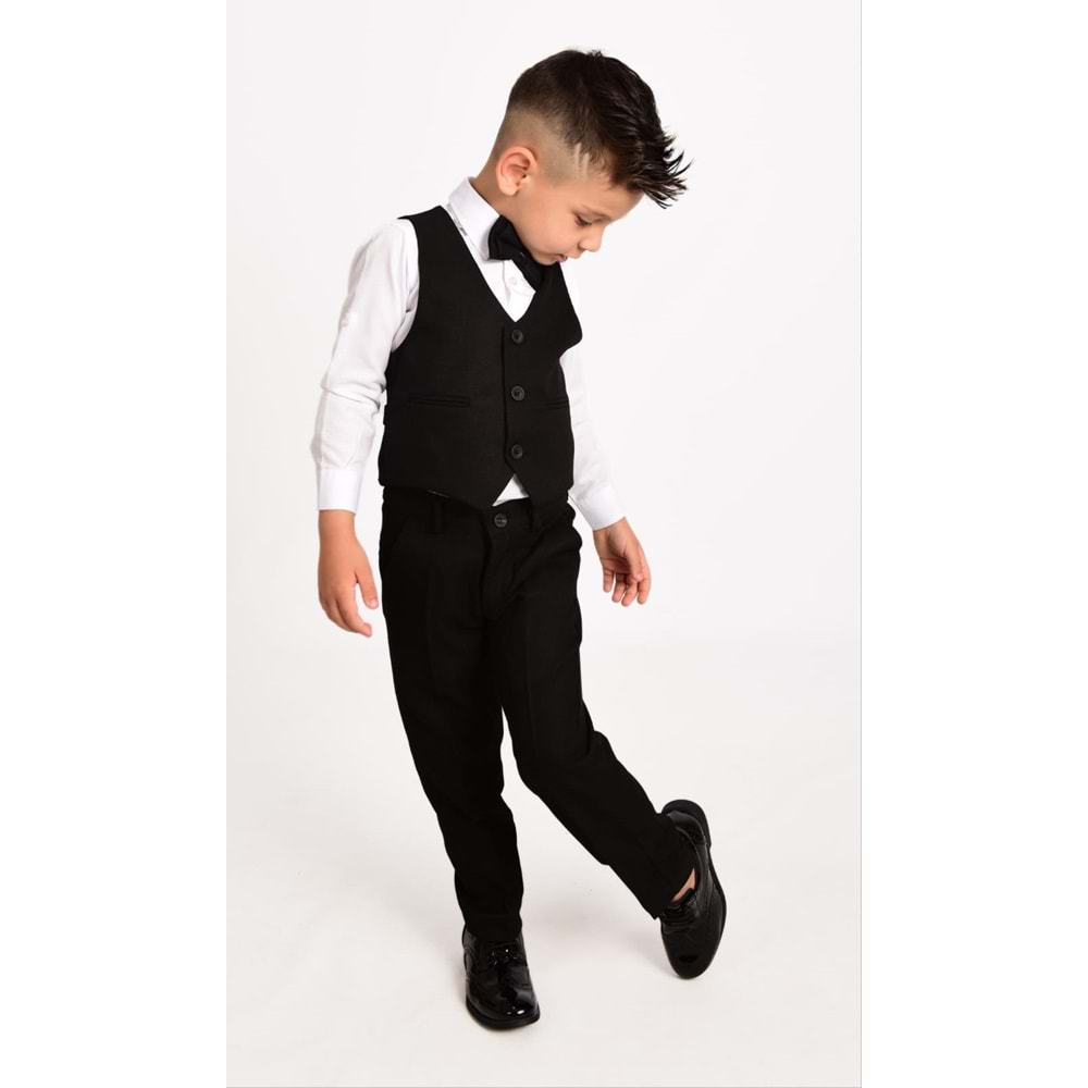 Erkek Çocuk 3 Düğmeli Yelek, Gömlek, Papyon, Broş ve Pantolon Özel Gün Takım