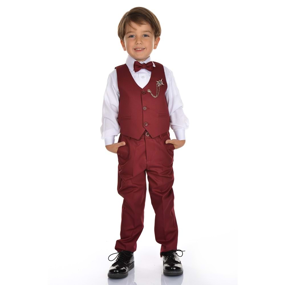 Erkek Çocuk 3 Düğmeli Yelek, Gömlek, Papyon, Broş ve Pantolon Özel Gün Takım SB0273
