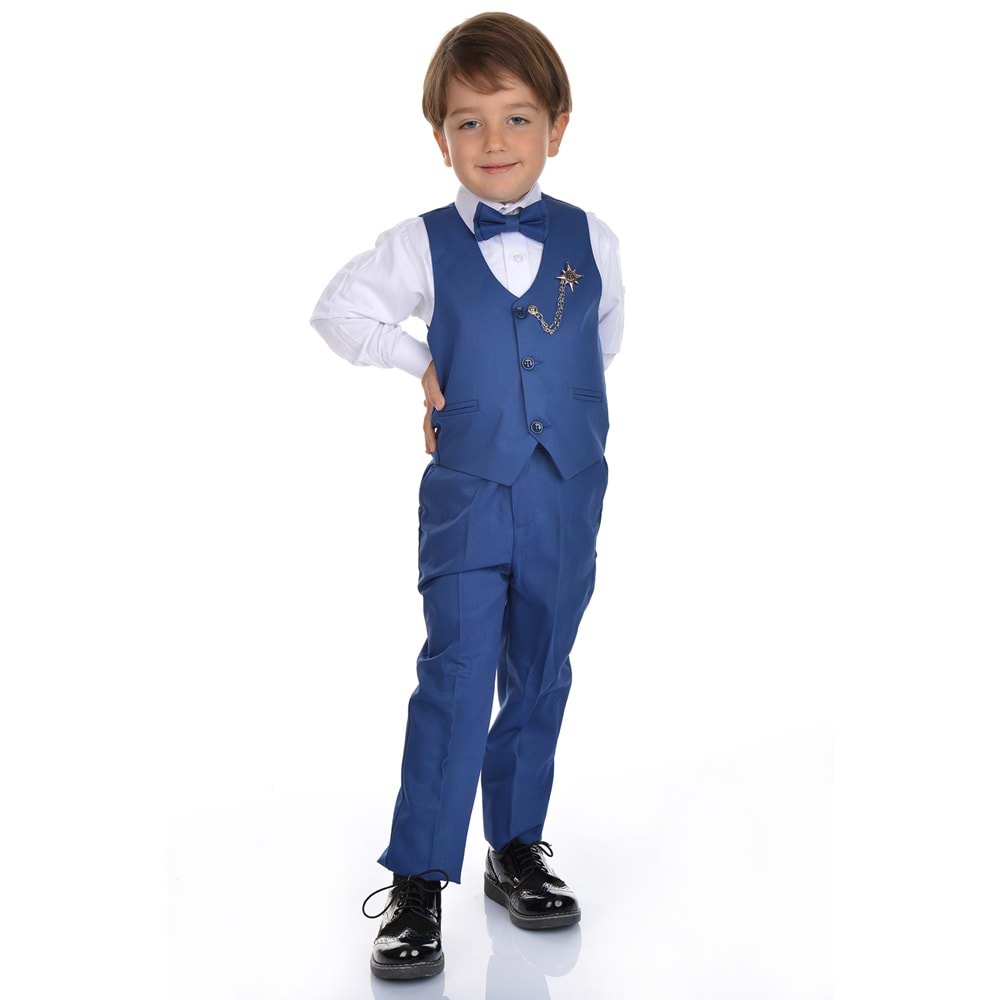 Erkek Çocuk 3 Düğmeli Yelek, Gömlek, Papyon, Broş ve Pantolon Özel Gün Takım SB0273