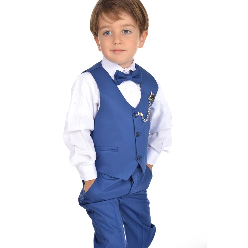 Erkek Çocuk 3 Düğmeli Yelek, Gömlek, Papyon, Broş ve Pantolon Özel Gün Takım SB0273