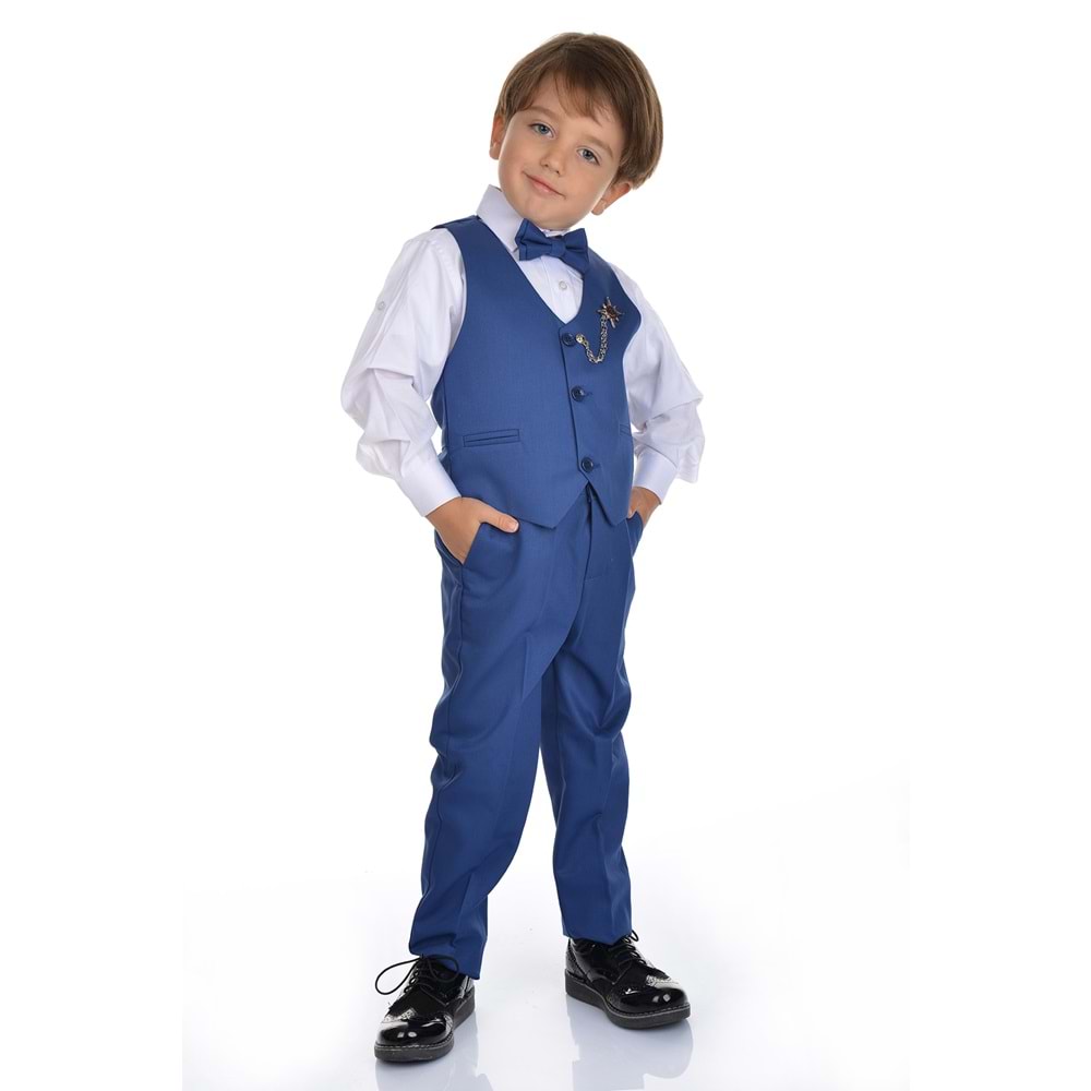 Erkek Çocuk 3 Düğmeli Yelek, Gömlek, Papyon, Broş ve Pantolon Özel Gün Takım SB0273