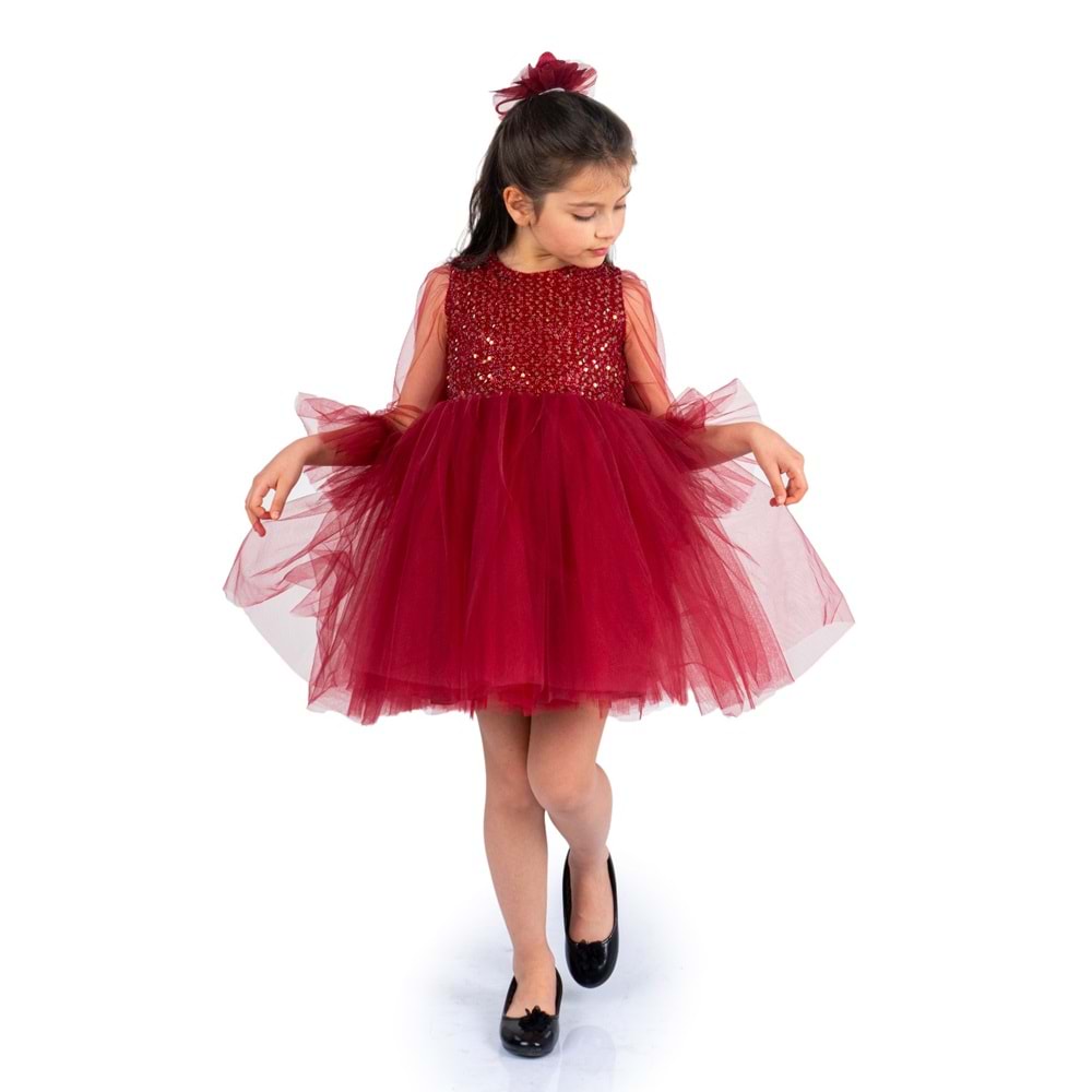 Tütü Etekli Pul Payetli Kız Çocuk Tül Kollu Elbise