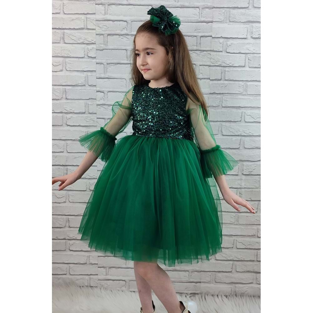 Tütü Etekli Pul Payetli Kız Çocuk Tül Kollu Elbise