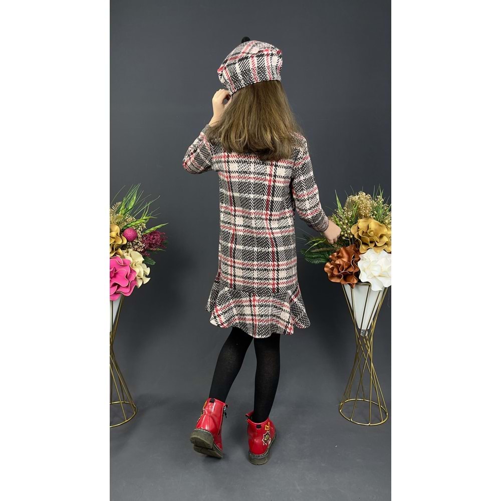 Ekose Desenli Kaşe Kumaş Kışlık Çocuk Elbise SB412