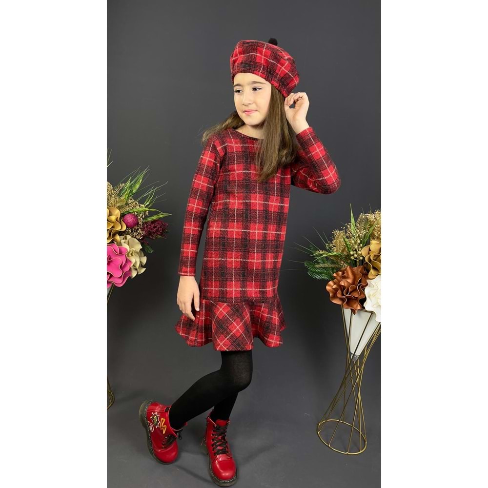 Ekose Desenli Kaşe Kumaş Kışlık Çocuk Elbise SB412