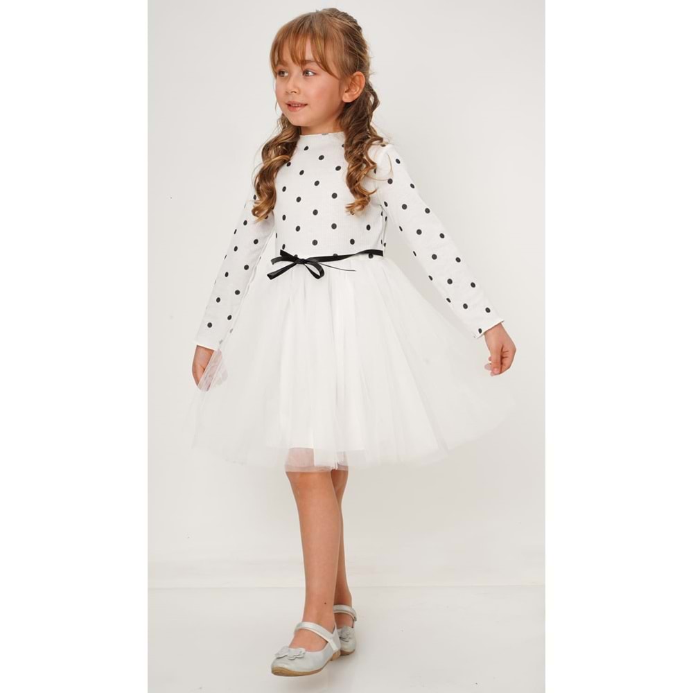 Kız Bebek Çocuk Prenses Kabarık Tütü Uzun Kol Puantiyeli Elbise SB416
